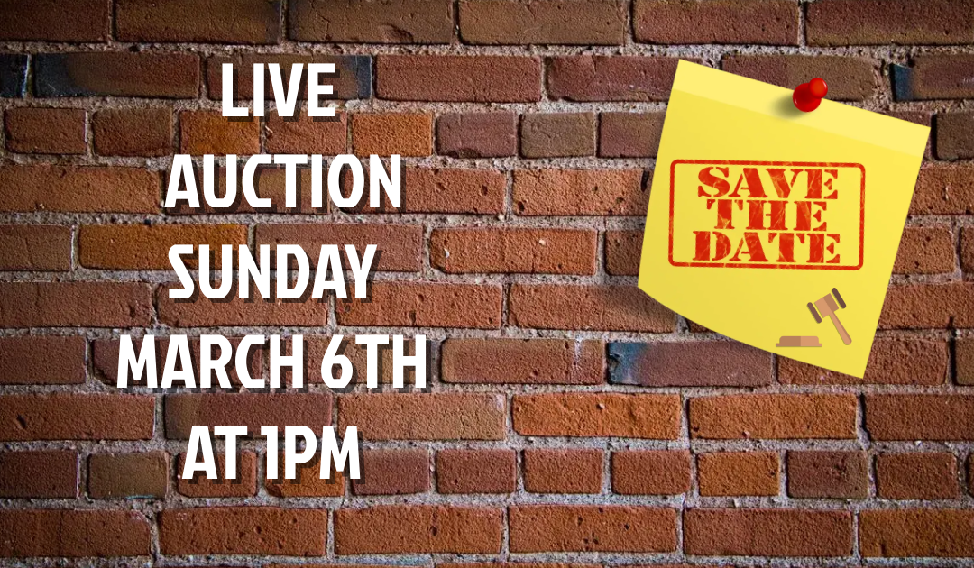 LIVE AUCTION – SUNDAY MARCH 6TH AT 1PM; DOORS OPEN AT NOON TO VIEW