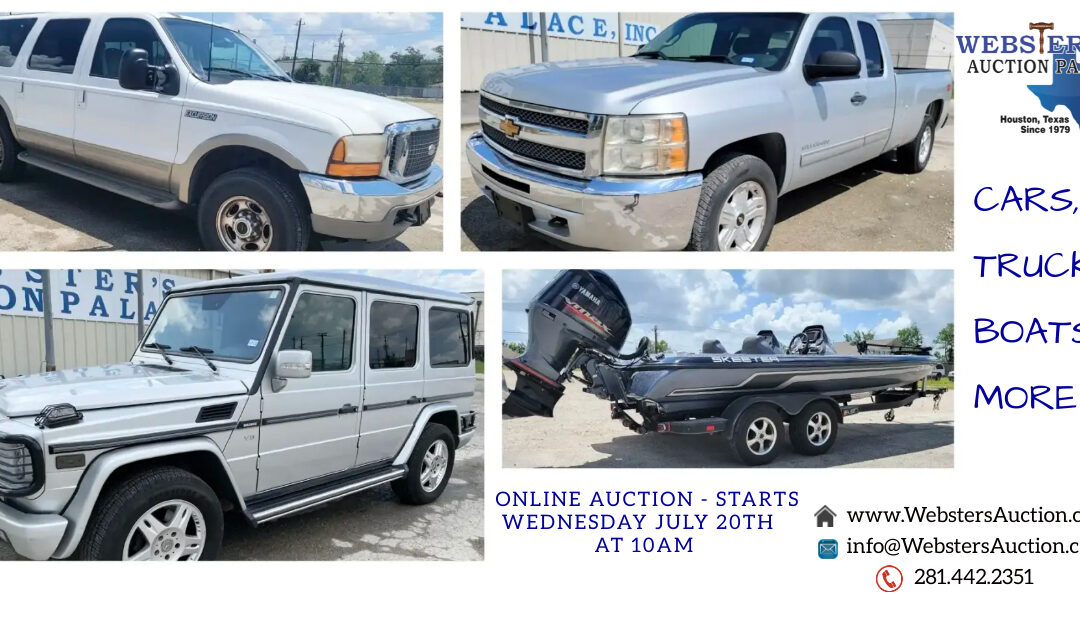ONLINE AUCTION – CARS, TRUCKS, BOATS, JET SKIS & MORE  STARTS WEDNESDAY JULY 20TH AT 10AM