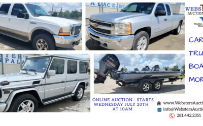ONLINE AUCTION – CARS, TRUCKS, BOATS, JET SKIS & MORE  STARTS WEDNESDAY JULY 20TH AT 10AM